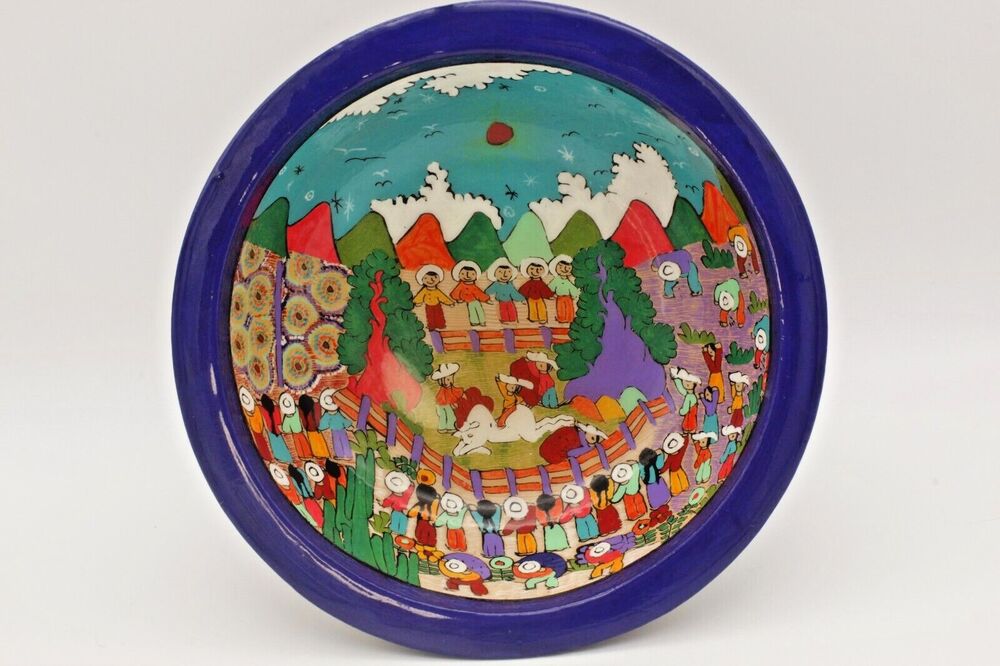Folk Art Wooden Story Bowl Mexican Bullfight Dancing Farmer Hand Painted Vintage